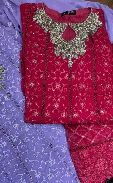Pakistani Original Rangoon Luxury Stitched Chiffon Gown 3 Pcs _ Maroon 