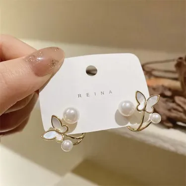 White Butterfly Pearl Stud Earrings 