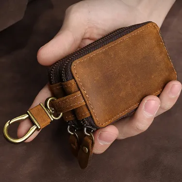Genuine Cowhide Leather Car Key Case – Double Zipper Key Holder with Waist Clip | Retro Multifunctional Key Cover