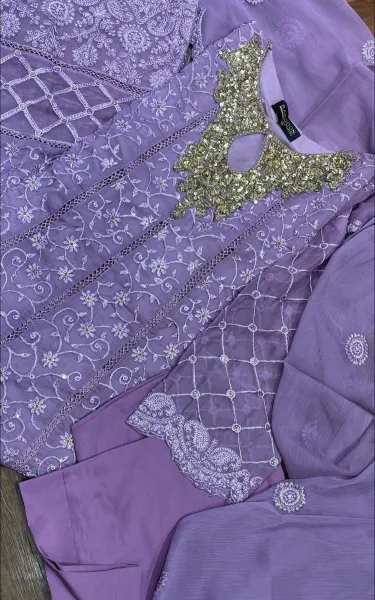 Pakistani Original Rangoon Luxury Stitched Chiffon Gown 3 Pcs _ Lavender 