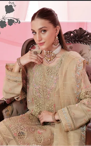Pakistani Original Guzel Luxury Formal Organza Stitched 3Pcs _ Golden Beige 