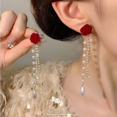  Faux Pearl Flower Decor Rhinestone Long Tassel Earrings