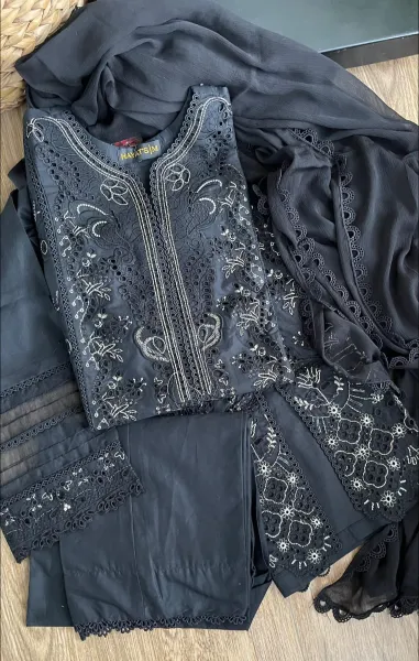 Pakistani Original Hayat’s Luxury Embroidered Stitched Cotton 3Pcs _ Black 