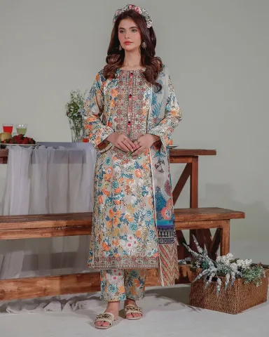 Pakistani Original Cotton Lawn Embroidered Stitched 3Pcs _ Beige & Multi 