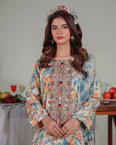 Pakistani Original Cotton Lawn Embroidered Stitched 3Pcs _ Beige & Multi 