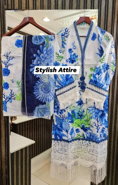 Original Pakistani Polawn Embroidered Stitched Lawn 3 Pcs _ Off White & Blue 