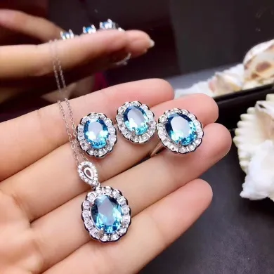 4 Pcs Silver Color Blue Crystal Topaz Jewelery  Set