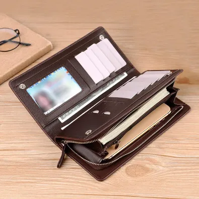Leather Vertical 2-Fold Retro Wallet – Zippered & Phone Organizer