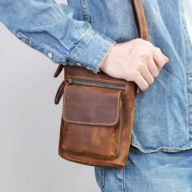 Crazy Horse Genuine Leather Men’s Waist Crossbody Bag – Multi-Functional Retro Mobile Phone & Messenger Pouch