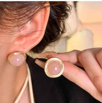 Pink Round Opal Stud Earring (1 Pair) 