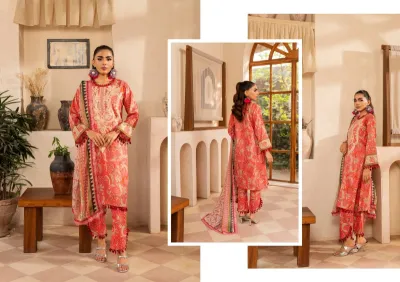 Original Pakistani Polawn Embroidered Stitched Lawn 3 Pcs _ Coral Pink 