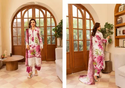 Original Pakistani Polawn Embroidered Stitched Lawn 3 Pcs _ Off White & Magenta 