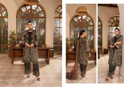 Original Pakistani Polawn Embroidered Stitched Lawn 3 Pcs _ Black 