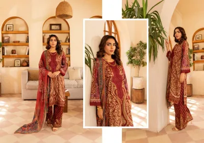 Original Pakistani Polawn Embroidered Stitched Lawn 3 Pcs _ Maroon 