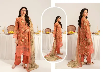 Original Pakistani Polawn Embroidered Stitched Lawn 3 Pcs _ Coral Pink 