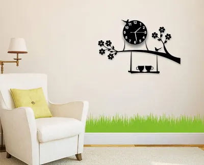 3D Tree Bird Coffee Cup On Jhula Design Wall Clock