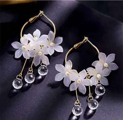 Flower Crystal Tassel Hoop Earrings