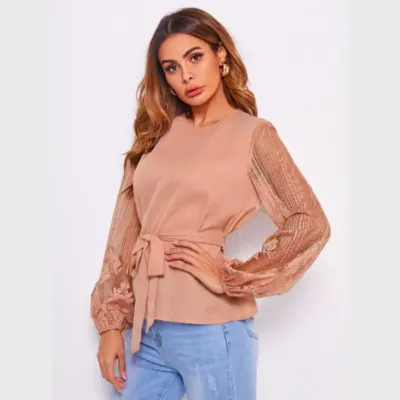 SHEIN Sheer Lace Blouson Sleeve Belted Top (M)