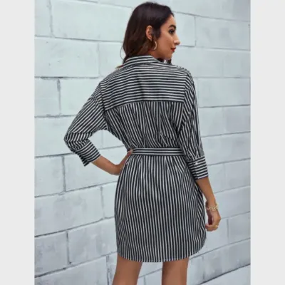 SHEIN Stripe Print Belted Shirt Dress 