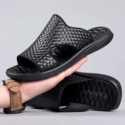 Premium Leather Black Slipper GB347