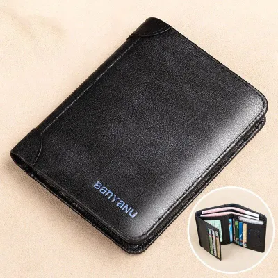 Cow Leather Black Vertical Shape Three-Fold Wallet GB417