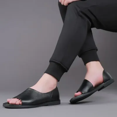 Genuine Leather Black Slippers NFE70