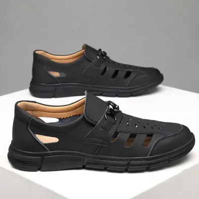 Genuine Leather Black Slippers NFG70