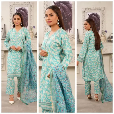 Pakistani Hayat's Stitched Cotton 3pcs _ Sky Blue 