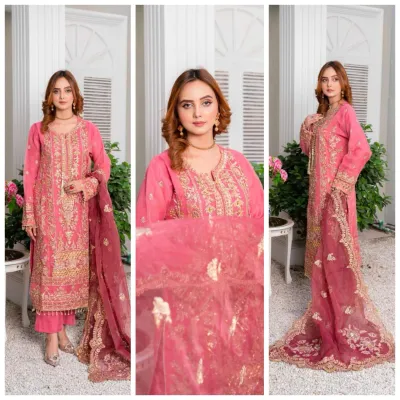 Pakistani Original Hayat's Luxury Organza Stitched 3Pcs _ Pink 