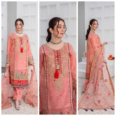 Pakistani Original Hayat's Luxury Organza Stitched 3Pcs _ Pink 