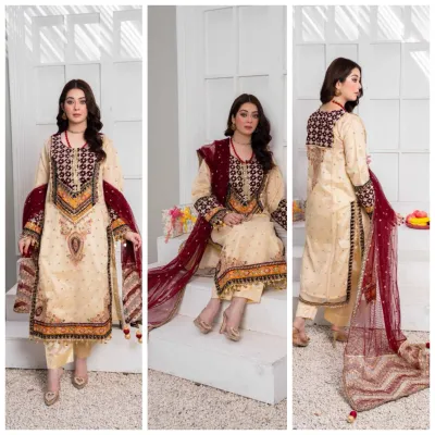 Pakistani Original Hayat's Luxury Organza Stitched 3Pcs _ Maroon & Beige 