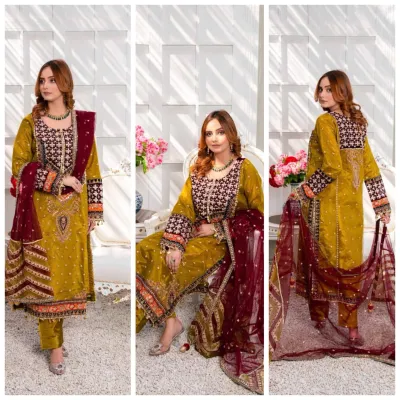 Pakistani Original Hayat's Luxury Organza Stitched 3Pcs _ Olive & Maroon 