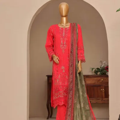 Pakistani Original Sadabahar Stitched Cotton 3Pcs_Coral Red 