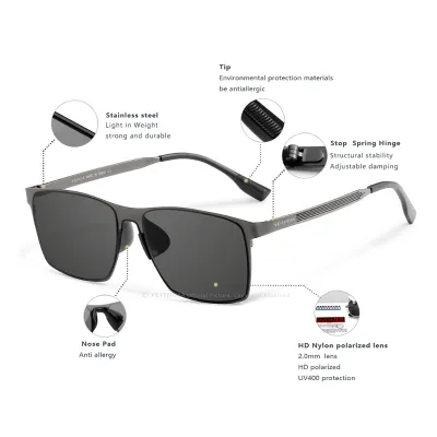 SQUARE FRAME ELASTIC STAINLESS STEEL POLARIZED SUNGLASSES VD8226B