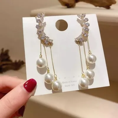 Ear Cuff With Pearl Tassel Long Earrings