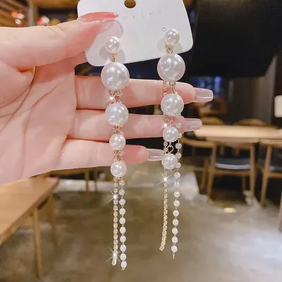 Pearl Tassel Drop Long Earring