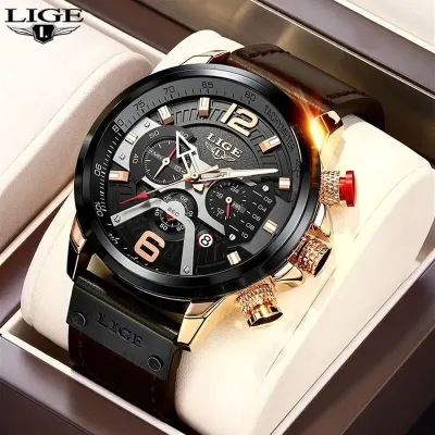LIGE Military Sports Leather Quartz Chronograph Watch. O-626