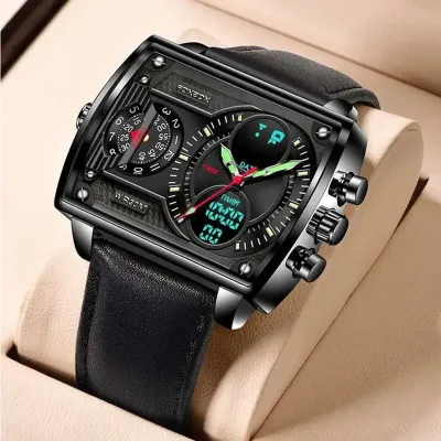 FOXBOX Men LED Watch Rectangle Dial Business Male Quartz Digital Wristwatch. O-629
