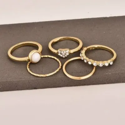 5pcs Golden Crystal Pearl Finger Rings