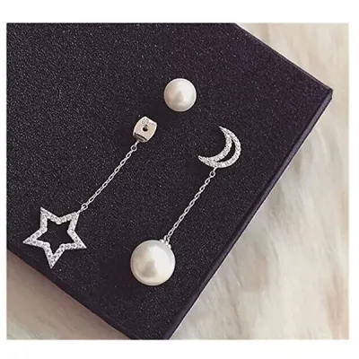 Moon and Star Silver Drop Earrings