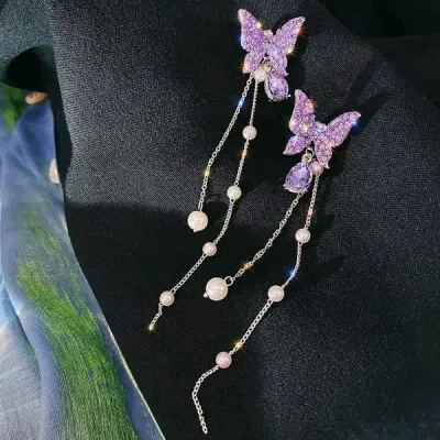 Purple Butterfly  Long Pearl Tassel Earrings (1 Pair )