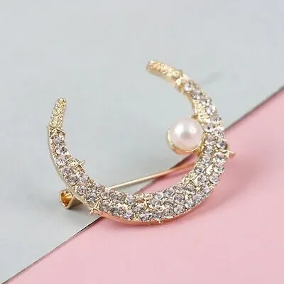 Pearl Rhinestone Moon Brooch For Women (1Pc)