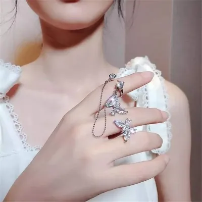 Two Butterflies Zircon Crystal Open Size Adjustable Finger Ring