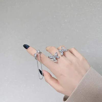 Two Butterflies Zircon Crystal Open Size Adjustable Finger Ring