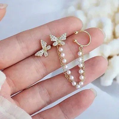 Butterfly Pearl Chain Tassel Ear Cuff Earrings