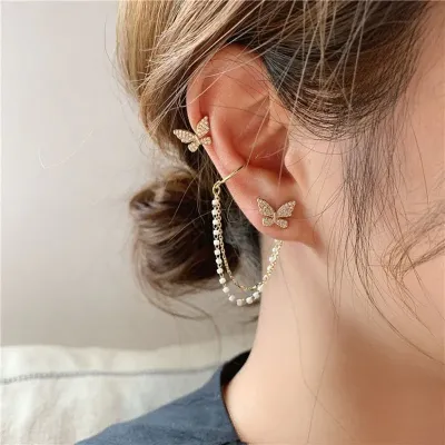 Butterfly Pearl Chain Tassel Ear Cuff Earrings