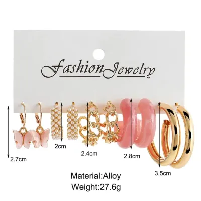 5 Pair C Shape Butterfly  Pearl Hoop Earrings 