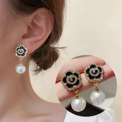 Black Rose Flower Pearl Earrings