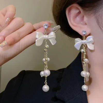 Bow Pearl Long Tassel Earrings 