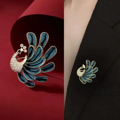 Blue & Silver Rhinestones Corsage Peacock Brooch 